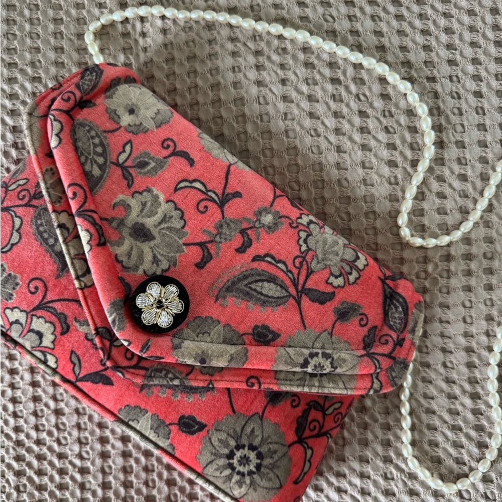 Coral Floral Envelope bag with Embellishment and Pearl strap